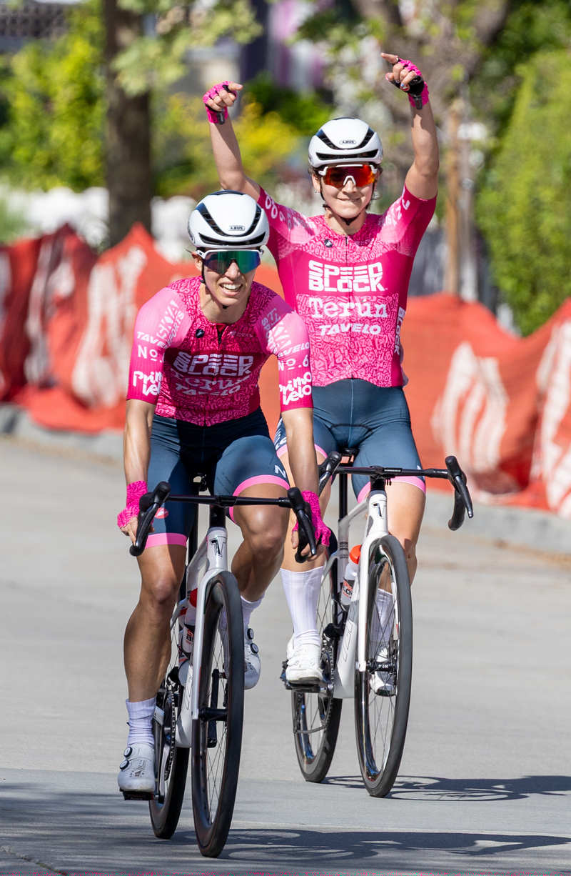 Ellexi and Camille cross the finish line together at the Cat’s Hill Classic